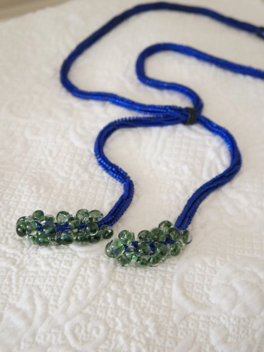 Vintage Blue & Green Long Adjustable Beaded Rope Belt or Necklace